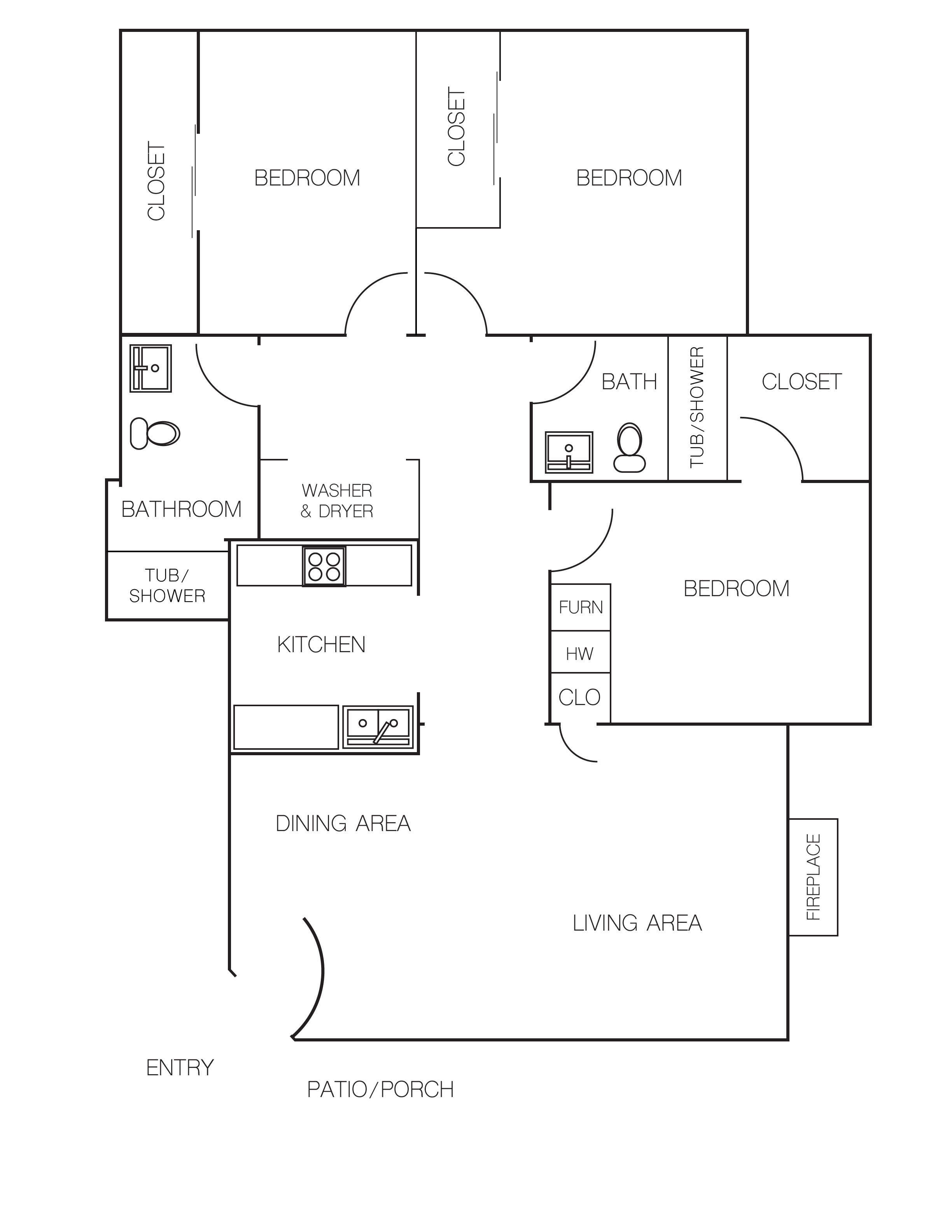 Floor plan for 3 beds, 2 baths, 1050 sqft